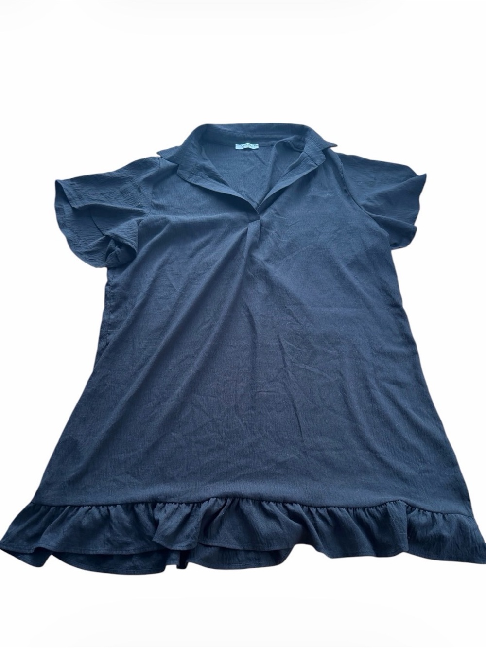 AIMAGE Women's XL Black Ruffle Hem V-Neck Short Sleeve Mini Dress Shift Tunic